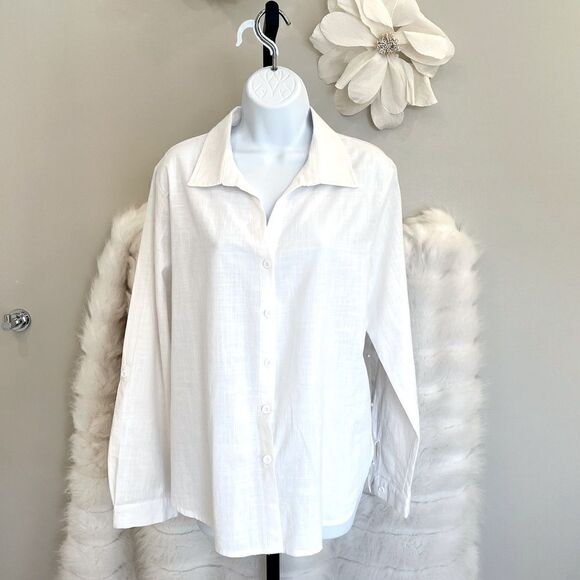 White Button Down Sheer Back Long Sleeve Top (L) - Picture 3 of 10